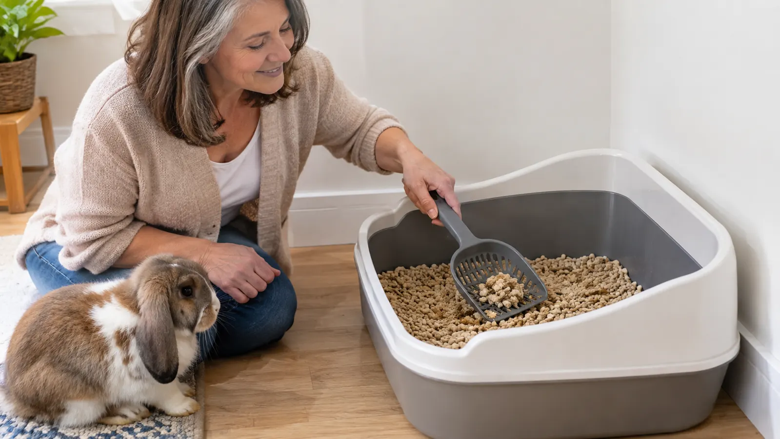 A hand scooping soiled paper pellet litter from a corner litter box with a slotted scoop