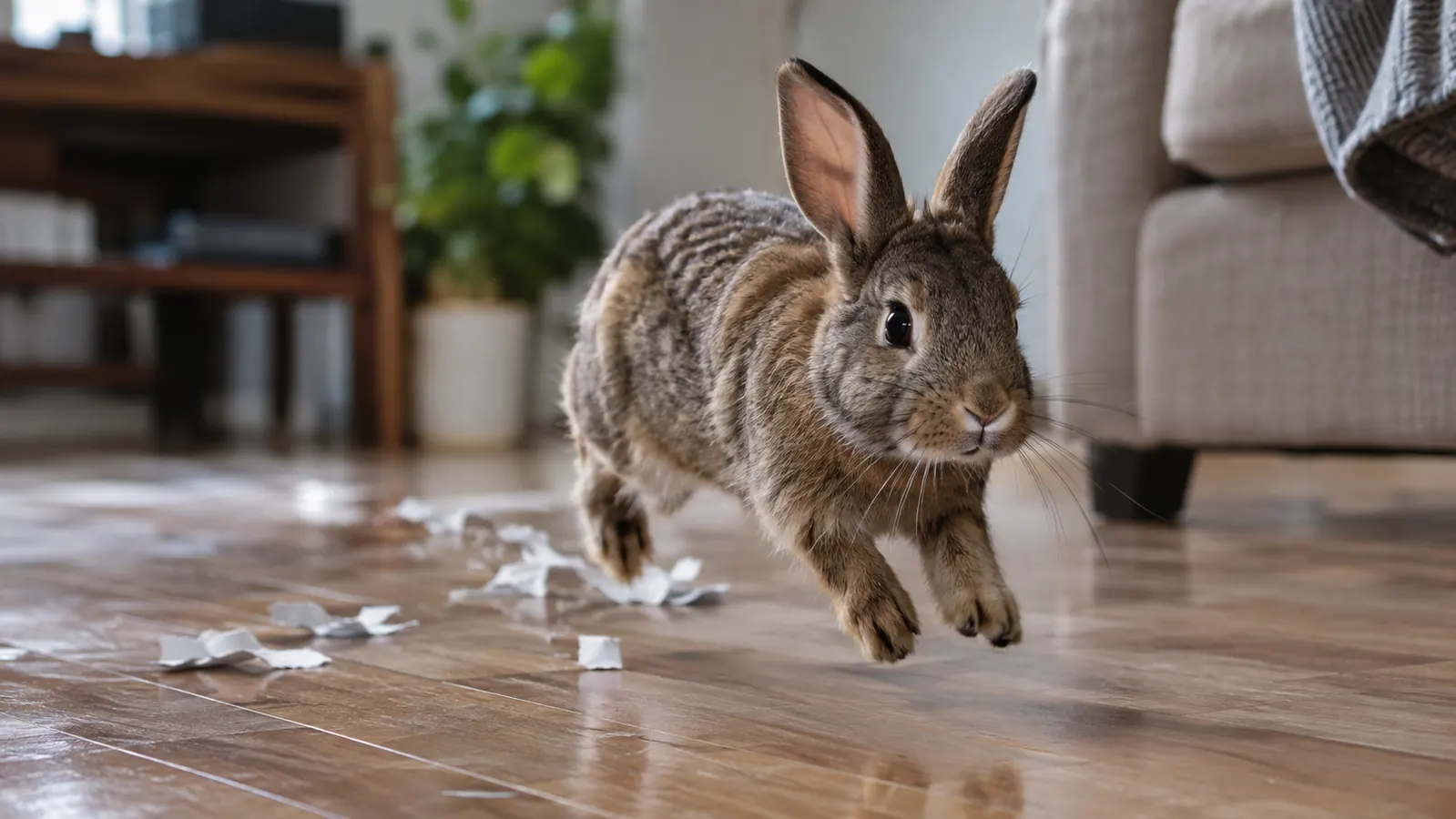 A rabbit hopping across a hardwood floor with a few bits of paper litter trailing behind