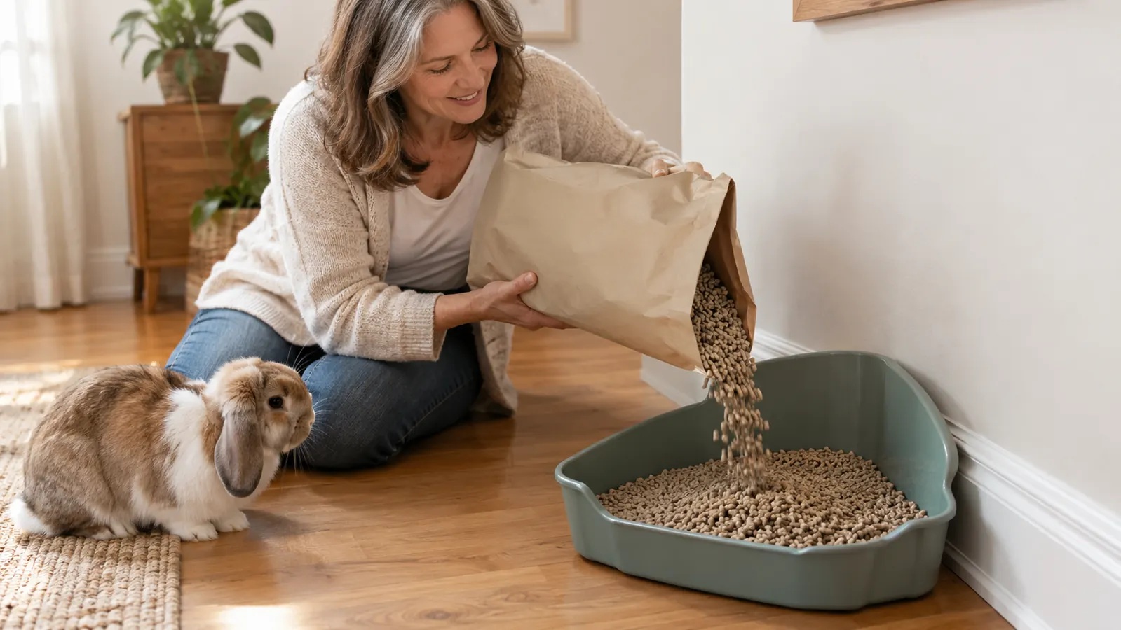 A hand pouring recycled paper pellet litter from an open bag into a corner litter box on a home floor