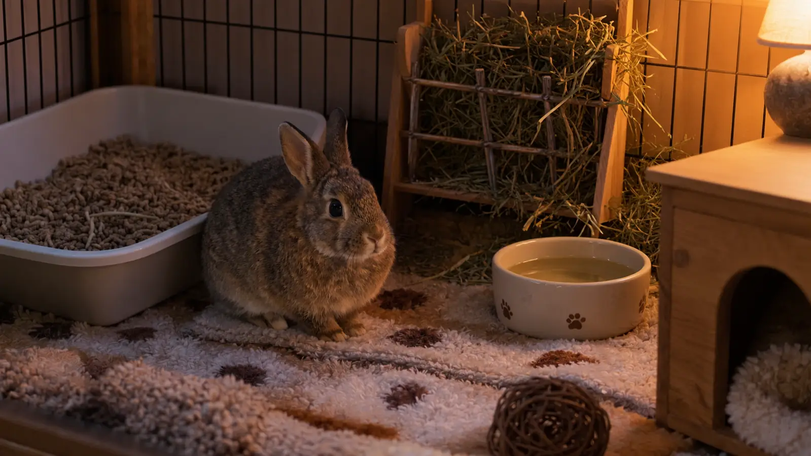A cozy rabbit pen corner at night with a litter box, a hay rack and a ceramic water bowl