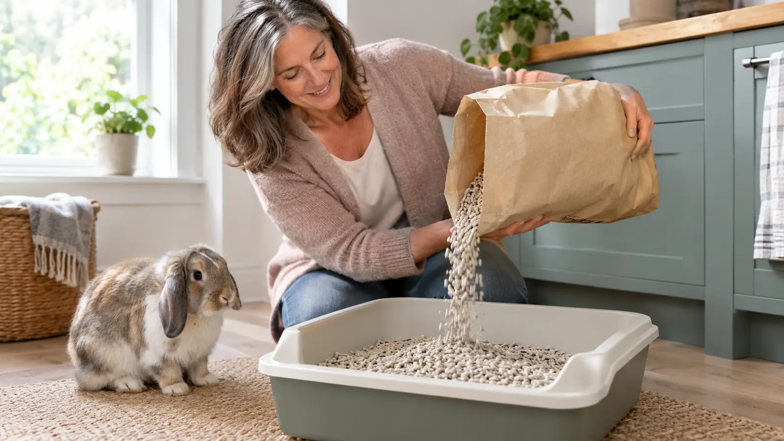 A hand pouring paper pellet litter from a bag into a rabbit litter box
