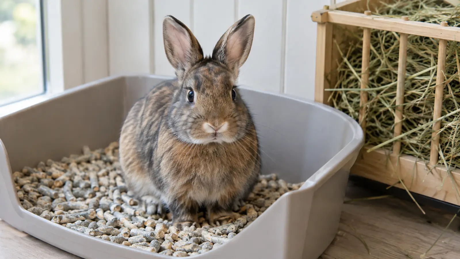 A rabbit sitting in a litter box filled with paper pellets, hay visible in a rack nearby